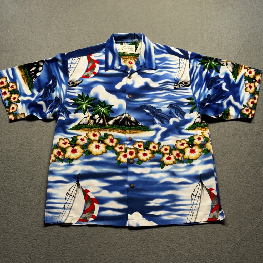Reservoir Hawaiian Shirt Mens Large Blue Sailboat Dolphin Tropical Aloha Camp L